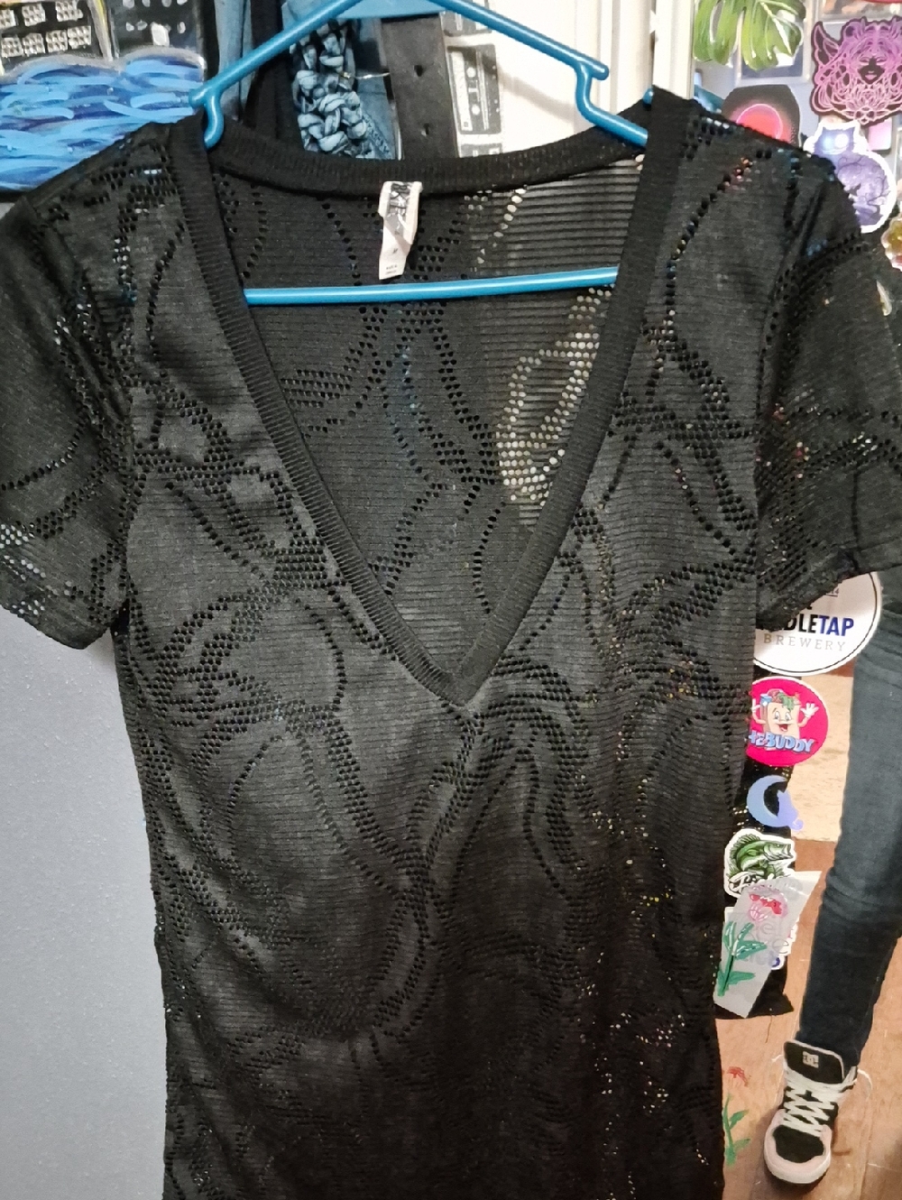 BKE Black V-Neck Short Sleeve Sheer Knit Top